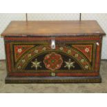 An Indian stained pine box with hinged lid, the front elevation with painted foliate detail, 80cm