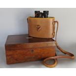 A Victorian mahogany sewing box and a pair of Aquilus binoculars with a damaged leather case (2)