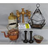 Miscellaneous collection of items including two earthenware flagons signed W Rogers Grocers,
