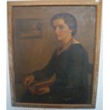 20th century school - Three quarter length portrait of a young woman seated and holding a book,