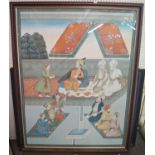 A large Indian school Moghul type gouache painting on paper on a scene with a prince and courtiers