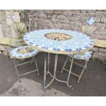 A decorative folding iron framed three piece garden terrace set, with inset mosaic tiled detail,