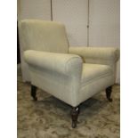 A late Victorian drawing room chair with oatmeal ground repeating chevron pattern upholstered