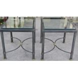 A pair of contemporary occasional tables in steel and plate glass to a Regency style on turned