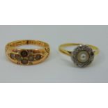 Victorian 15ct seed pearl and rose cut diamond ring, inscribed to interior, size N and a further