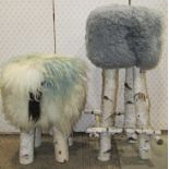 A rustic twig /branch constructed stool with trailing circular sheep's wool covered seat together