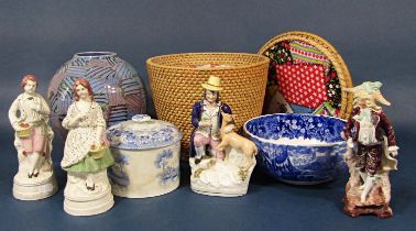 A collection of 19th century and later ceramics including a pair of Staffordshire figures of male