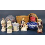 A collection of 19th century and later ceramics including a pair of Staffordshire figures of male