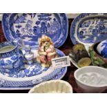 A collection of 19th century and later ceramics including blue and white meat plates, blue and white