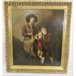 Early 19th century British school - Study of a street vendor with two young boys, oil on canvas,