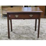 A Georgian mahogany side table with frieze drawer raised on square cut and moulded supports (af), 86