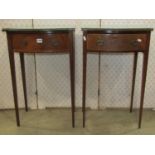 A matched pair of Edwardian Georgian style bow fronted side/lamp tables, each fitted with a frieze