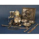 Box of miscellaneous effects to include an Egyptian box, a silver handled cake knife, silver