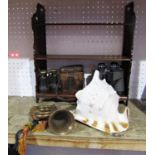 A large conch shell, brass military style bugle, Victorian mahogany book rack, a vintage pair of
