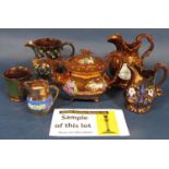 A quantity of 19th century copper lustre jugs, goblets, etc, various sizes and various painted and