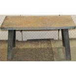 A small rustic pine bench/stool of rectangular form with through jointed legs, 77 cm long x 29 cm