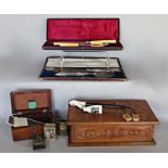 19th century mahogany money box, a wooden Mahjong set in a wooden box, two sets of fish servers