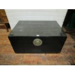 A Chinese pine and lacquer travelling box with brass fittings, 80cm wide