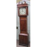 A Georgian oak longcase clock, the hood with reeded columns and swan necked pediment enclosing a