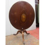 A Georgian mahogany snap-top table, raised on a turned pillar and tripod base, with inlaid