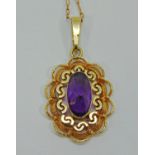 Vintage 9ct amethyst pendant hung on a 9ct fancy link chain necklace, 5.7g