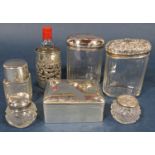 Mixed collection of silver comprising a small silver cedar lined cigarette box, five silver top