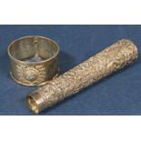 Eastern white metal parasol handle embossed with various birds and foliage, 12 cm long, together