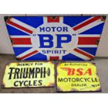 Three vintage style advertising signs 'BSA', 'Triumph motorcycles' and 'BP motor Spirit' (hand