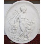 An oval plaster plaque/tablet with classical relief detail of a female figure/cherub, urn etc, 92 cm