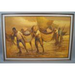 20th century school - Beach scene with fishermen carrying heavy fishing nets, oil on canvas,