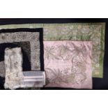 Collection of interesting Eastern textiles including a lined green silk table runner embroidered
