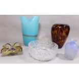 A cut glass trifle bowl with geometric detail, together with a turquoise art glass vase and a