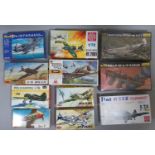 11 model aircraft kits, all 1:72 scale WW2 fighter planes, including models by Heller, Supermodel,