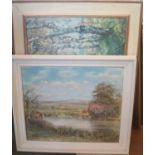 20th century school - Landscape with cattle watering, oil on canvas, indistinctly signed BH