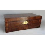 Victorian rosewood banded travelling writing box fitted interior, two inkwells, some damage to the