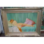 J Decaudeain - Study of a reclining female nude, oil on board, signed, 36 x 54cm approx, together