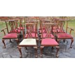 A set of fourteen (12+2) Georgian style mahogany dining chairs with carved and pierced interlaced