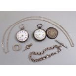 Two decorative 935 silver fob watches (one af), a Victorian silver fancy link bracelet with T-bar, a