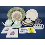 A collection of ceramics including a set of eleven continental plates in the creamware manner with