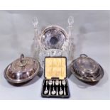 Cased set of six silver beaded tea spoons, together with two silver plated lidded entrée dishes, a