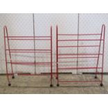 A pair of 1950s coated wirework tapered racks with atom feet together with a pair of small