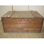A vintage rustic stained pine box with hinged lid and drop ironwork carrying handles, 81cm wide x