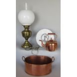 19th century copper oval pan, copper kettle, brass oil lamp and a Bartlett & Son Ltd scales plate