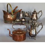 A quantity of silver plate including a tea and coffee set, tankard, toast rack, etc and a copper