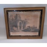 18th century steel engraving, Ruine Romaine in landscape with drovers, 34 x 44cm