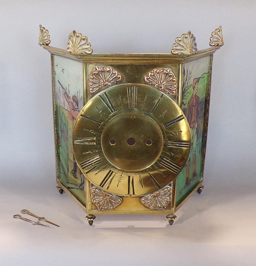 Unusual clock case with brass dial, flanked by coloured glass panels showing sportsmen, with - Image 3 of 5