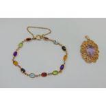 9ct multi-gem bracelet together with a vintage 9ct amethyst pendant, 8g total (2)