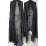 Two 19th century Victorian black lace shawls; the first is a curved shape with a floral design and