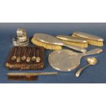 Mixed collection of silver comprising a five piece dressing set comprising three brushes, a mirror