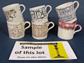 A quantity of mainly 19th century children's mugs with printed decoration including Monkeys at Play,